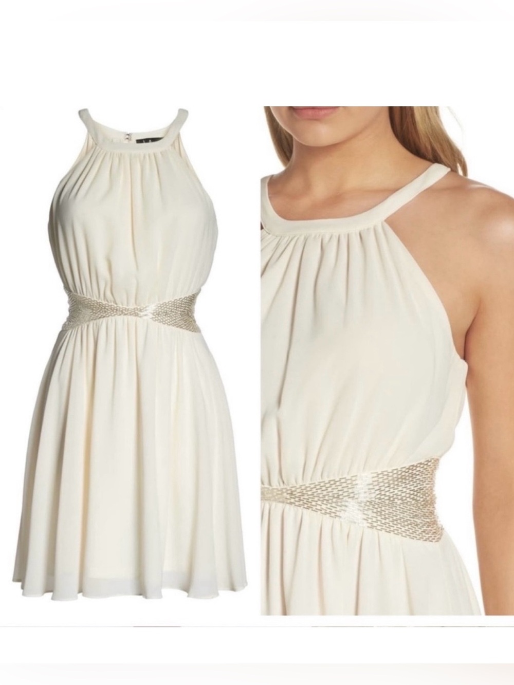 Lulu's Fit and Flare Chiffon Beaded Waist Halter Neck Mini Dress Size XS NEW